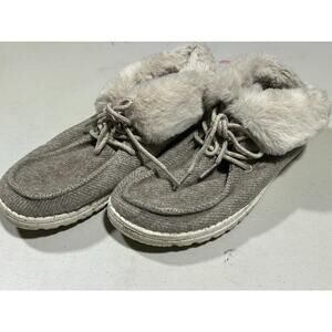 Hey Dude Britt Flannel Beige Slip On Lace Up Moccasin Faux Fur Women's 8